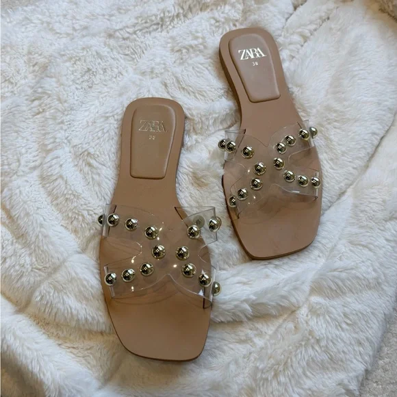 Zara Beige Clear Studded Slide Sandals - Picture 8 of 10